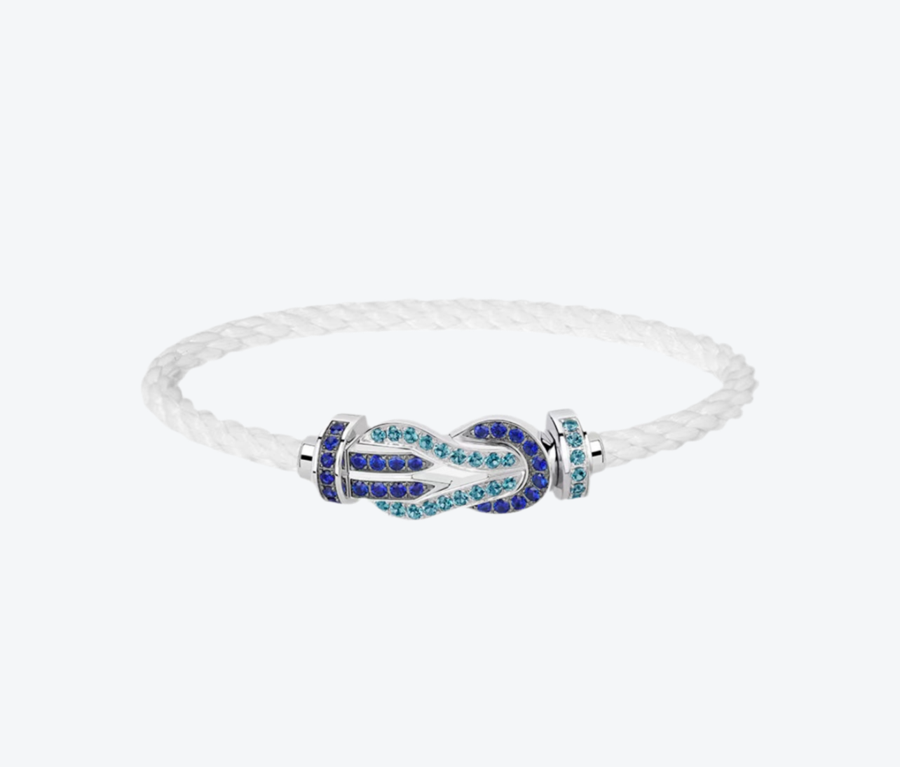 צמיד יוקרתי עם רצועת חבל לבנה ואבזם אינסוף בגוון כסף משובץ זירקונים כחולים