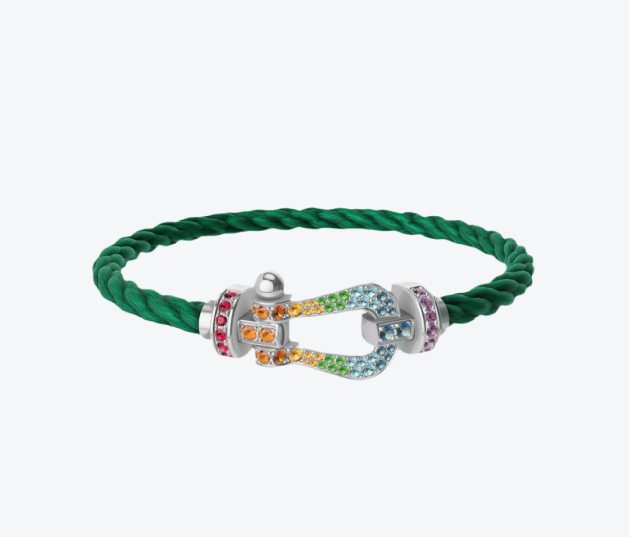 צמיד יוקרתי עם רצועת חבל ירוקה ואבזם בגוון כסף משובץ בזירקונים