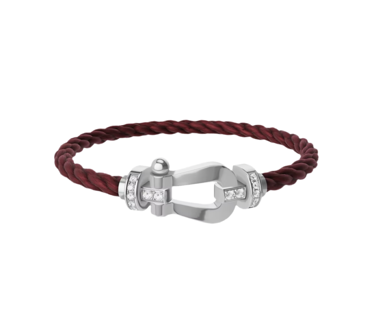 Bracelet luxueux avec sangle en corde bordeaux et boucle en argent sertie de zircons