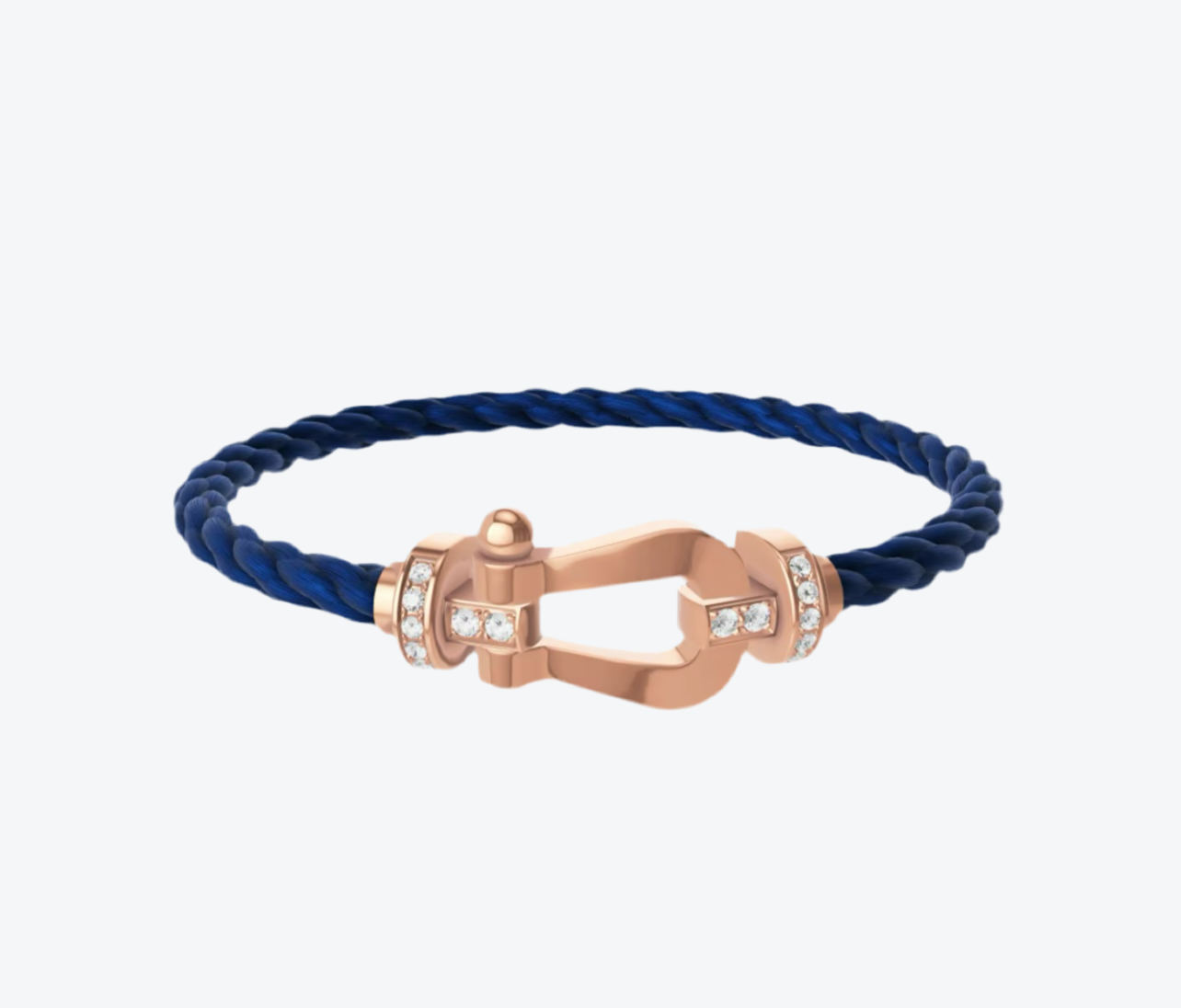 צמיד יוקרתי עם רצועת מתכת כחולה ואבזם בגוון זהב ורוד משובץ בחצי זירקונים