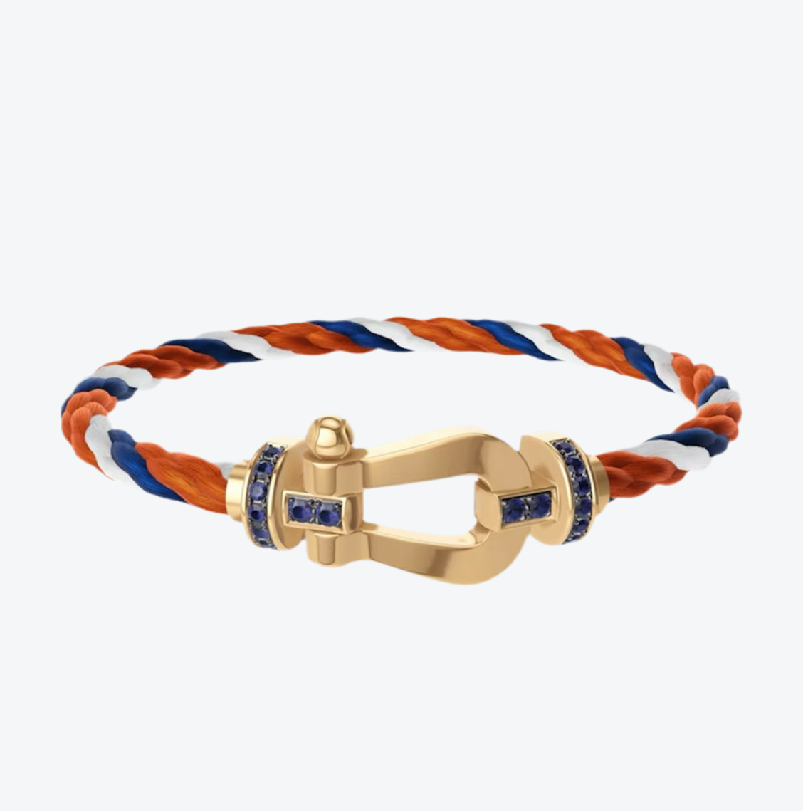צמיד יוקרתי עם רצועת חבל בצבעים כתום, לבן וכחול ואבזם בגוון זהב משובץ בזירקונים