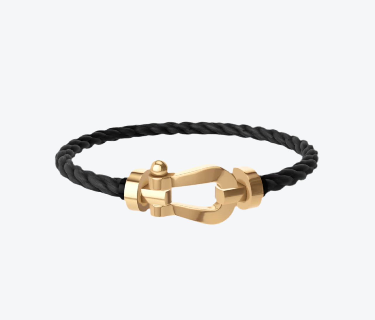 צמיד יוקרתי עם רצועות חבל שחורה ואבזם בגוון זהב מבריק