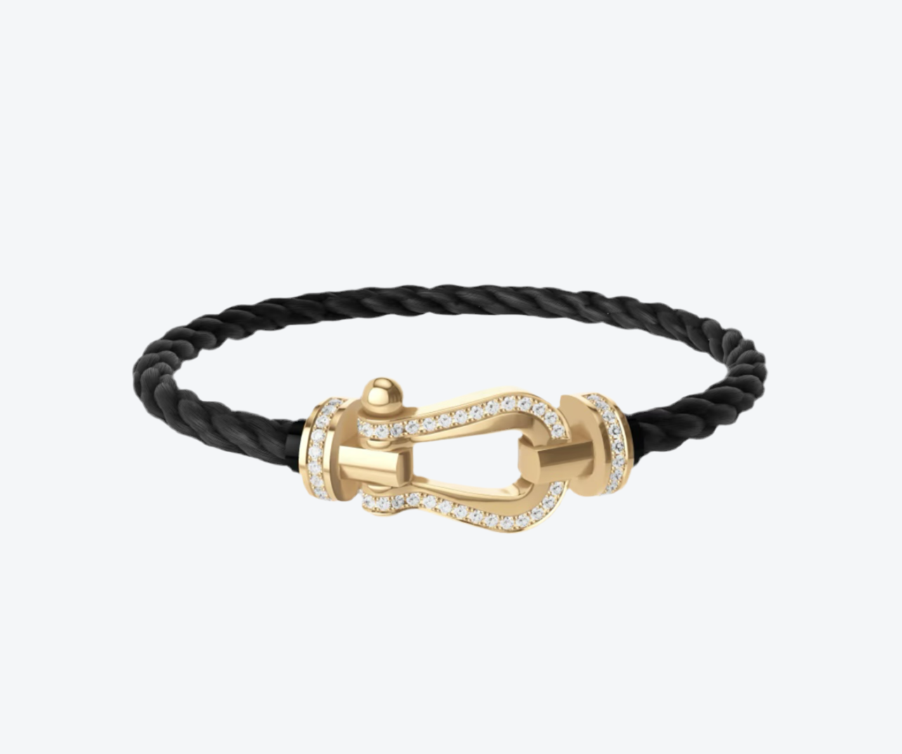 צמיד יוקרתי עם רצועת חבל שחורה ואבזם בגוון זהב משובץ בשורת זירקונים