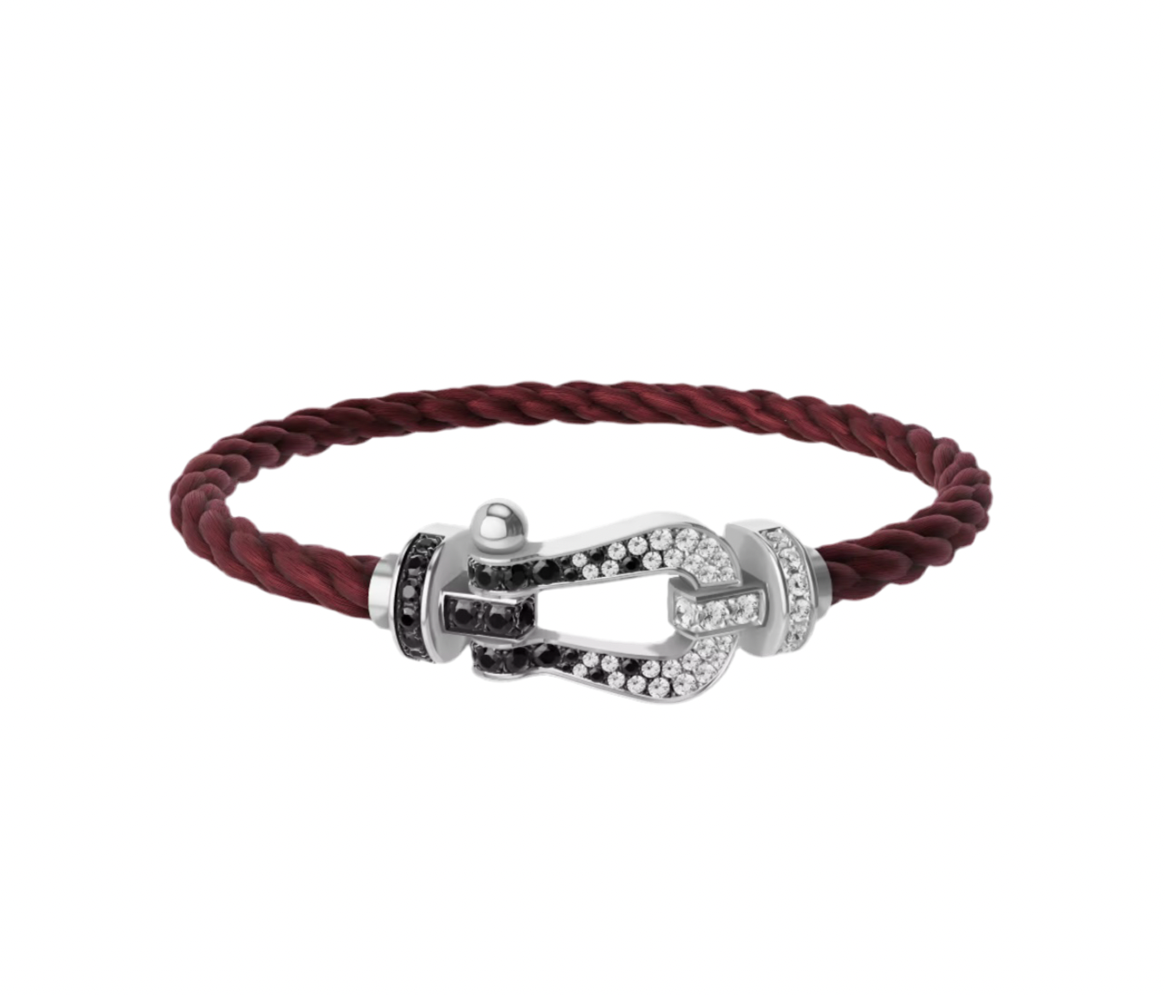 Luxurious bracelet with burgundy rope strap with silver buckle studded with black and white zircons