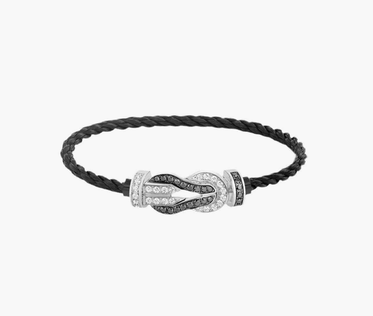 צמיד יוקרתי עם רצועת חבל שחורה עם אבזם אינסוף בגוון כסף משובץ זירקונים