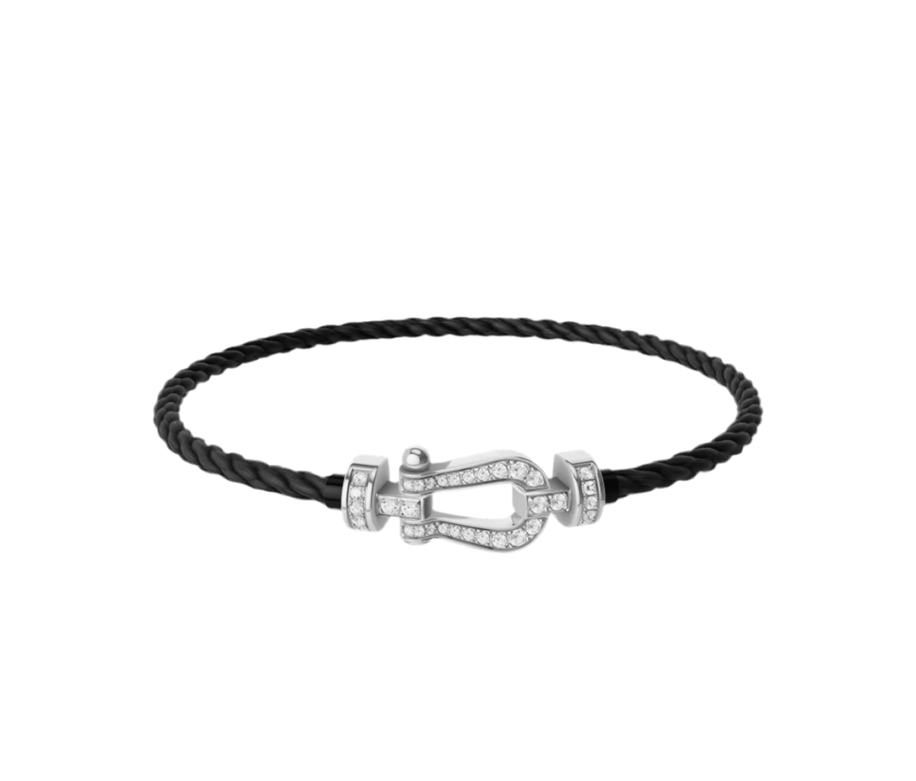 Luxurious bracelet with a black (thin) rope strap and a silver buckle, studded with zircons