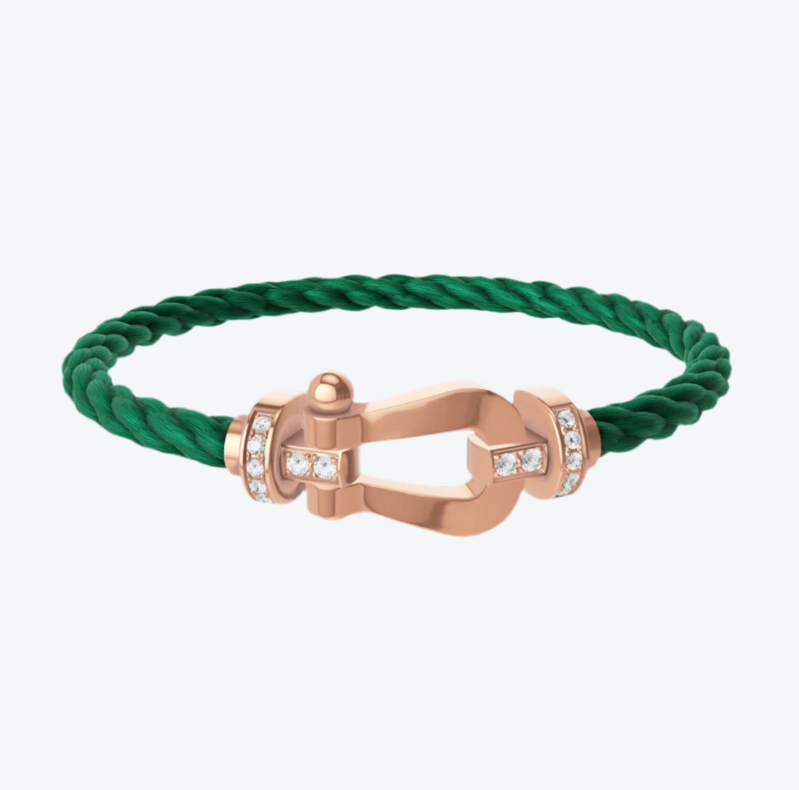 צמיד יוקרתי עם רצועת חבל ירוקה ואבזם בגוון זהב ורוד משובץ בחצי זירקונים