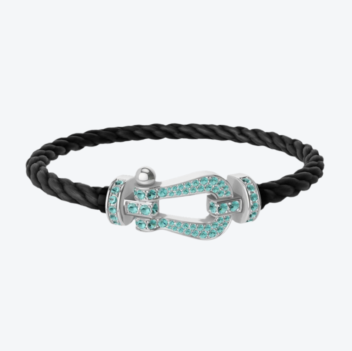 צמיד יוקרתי עם רצועת חבל שחורה ואבזם בגוון כסף משובץ זירקונים בגוון תכלת