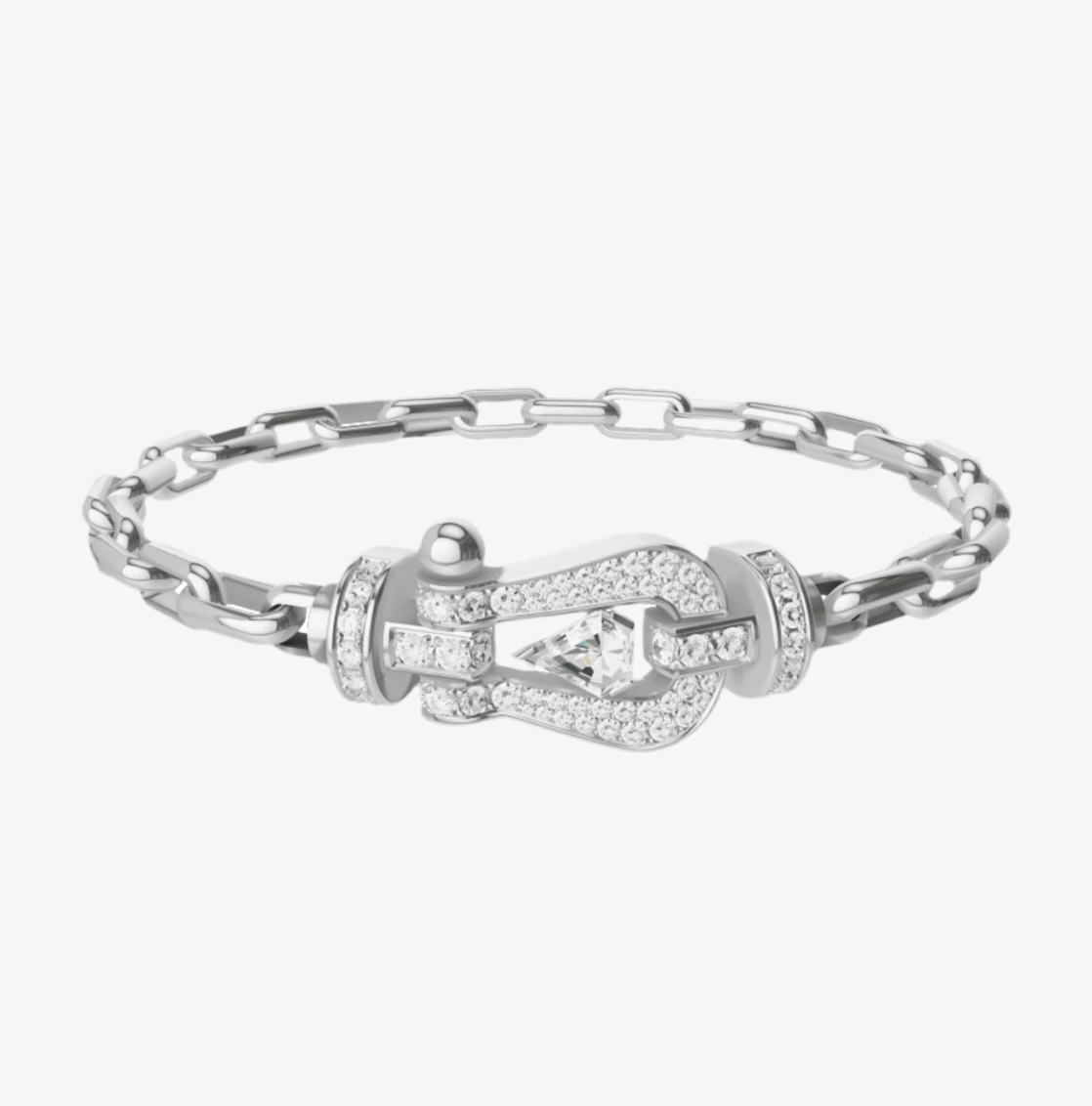 Bracelet luxueux avec une chaîne en argent et une boucle argentée parsemée de zircons, avec une pierre centrale de 0,5 carat