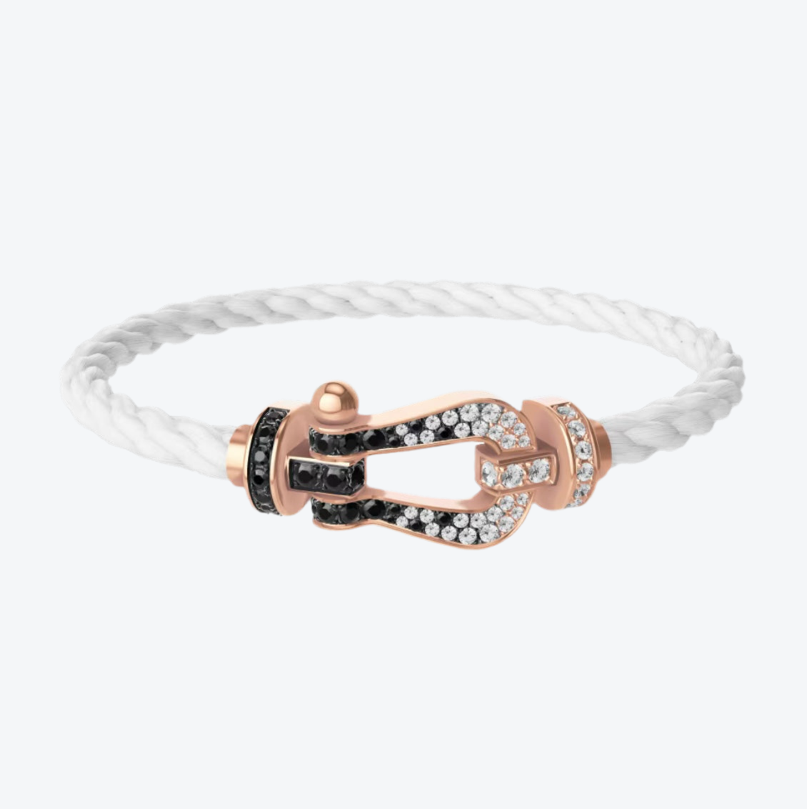 צמיד יוקרתי עם רצועת חבל לבנה ואבזם בגוון זהב ורוד משובץ בזירקונים שחורים ולבנים