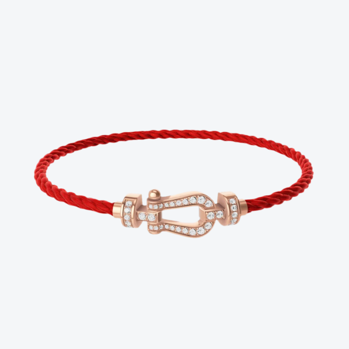 צמיד יוקרתי עם רצועת חבל בגוון אדום ואבזם בגוון זהב ורוד משובץ זירקונים