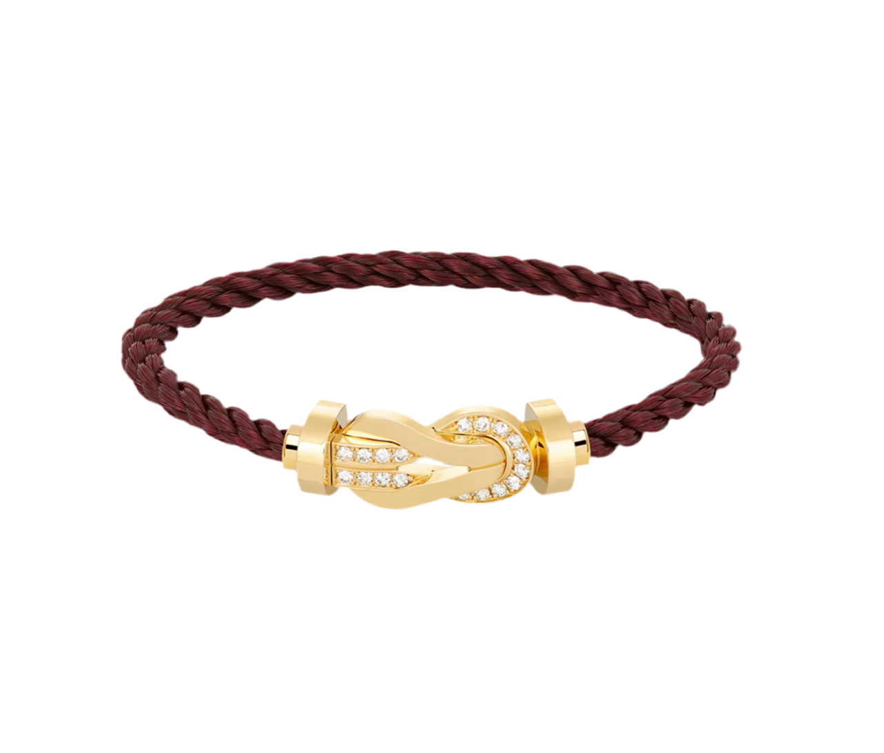 Bracelet luxueux avec un bracelet en corde bordeaux avec une boucle dorée au design de symbole infini.
