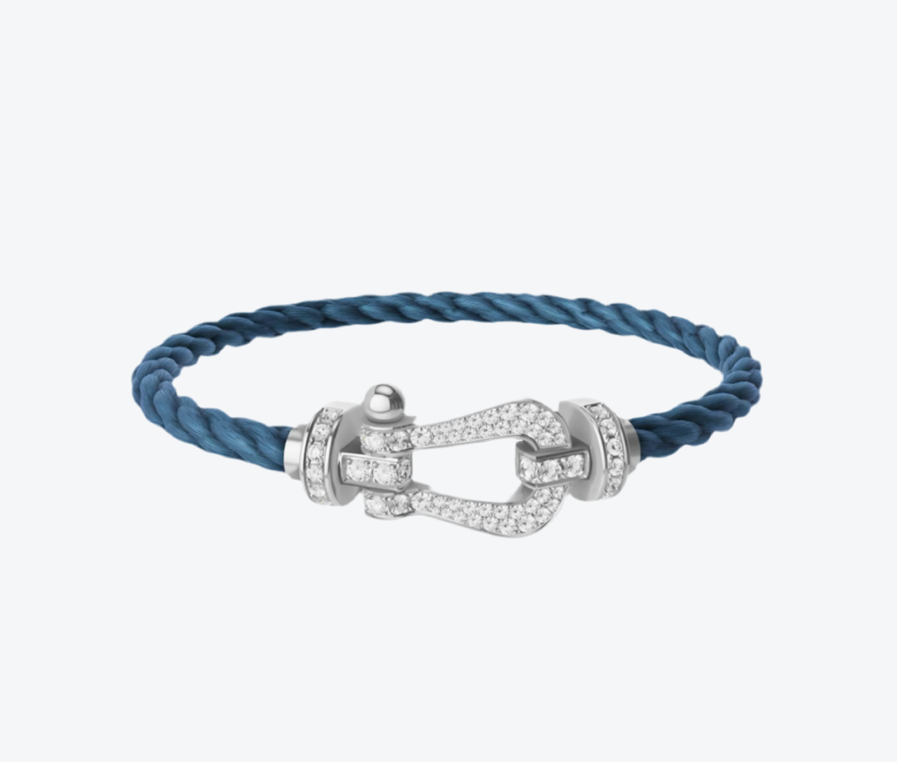 צמיד יוקרתי עם רצועת חבל כחולה ואבזם בגוון כסף משובץ בזירקונים