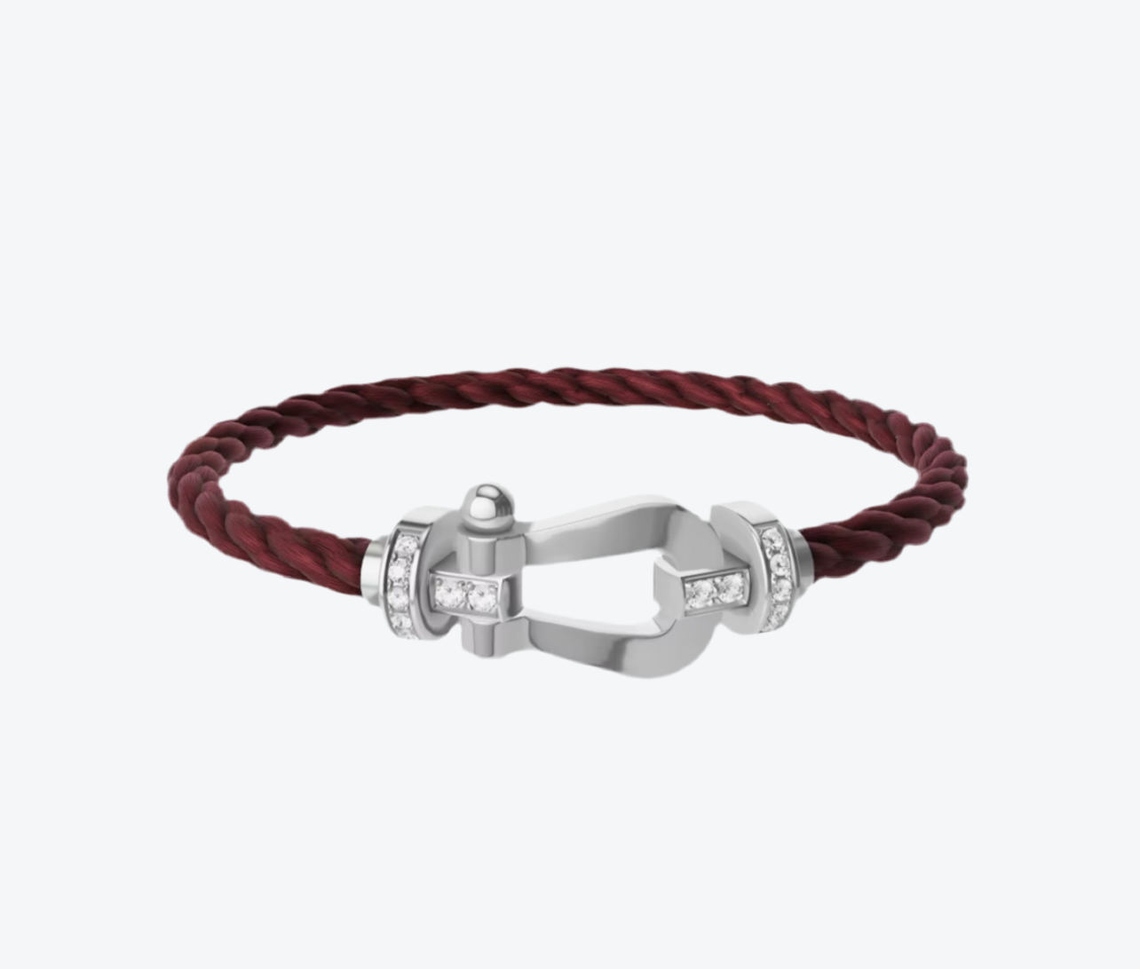 צמיד יוקרתי עם רצועת חבל בורדו ואבזם בגוון כסף משובץ בחצי זירקונים