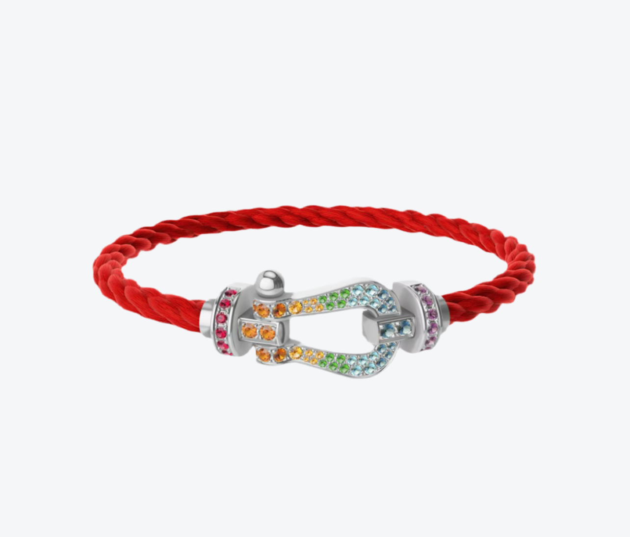 צמיד יוקרתי עם רצועת חבל אדומה ואבזם בגוון כסף משובץ בזירקונים בצבעי הקשת