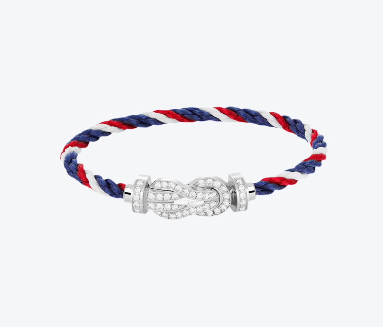צמיד יוקרתי עם רצועת חבל בצבעי כחול, לבן ואדום ואבזם אינסוף משובץ בזירקונים נוצצים