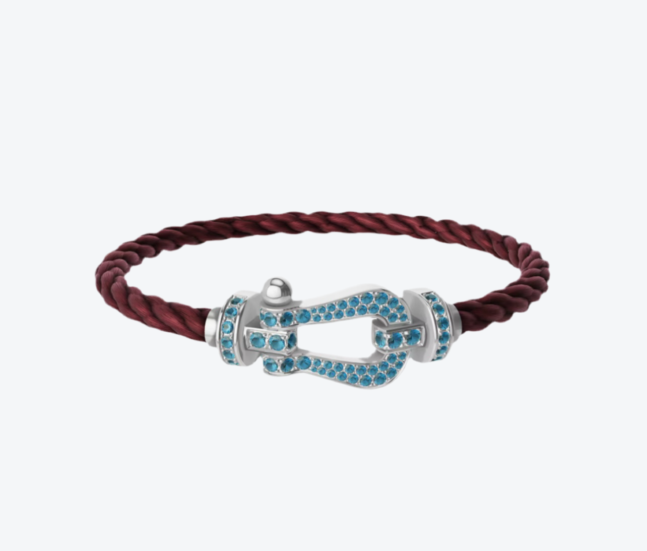 צמיד יוקרתי עם רצועת חבל בורדו ואבזם בגוון כסף משובץ בזירקונים בגוון תכלת