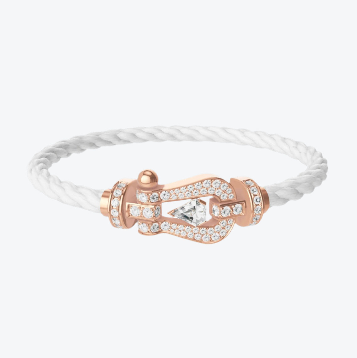 Luxurious bracelet with a white rope strap and a rose-gold clasp studded with sparkling zircons with a 0.5 carat central stone — JEWELLUXE™