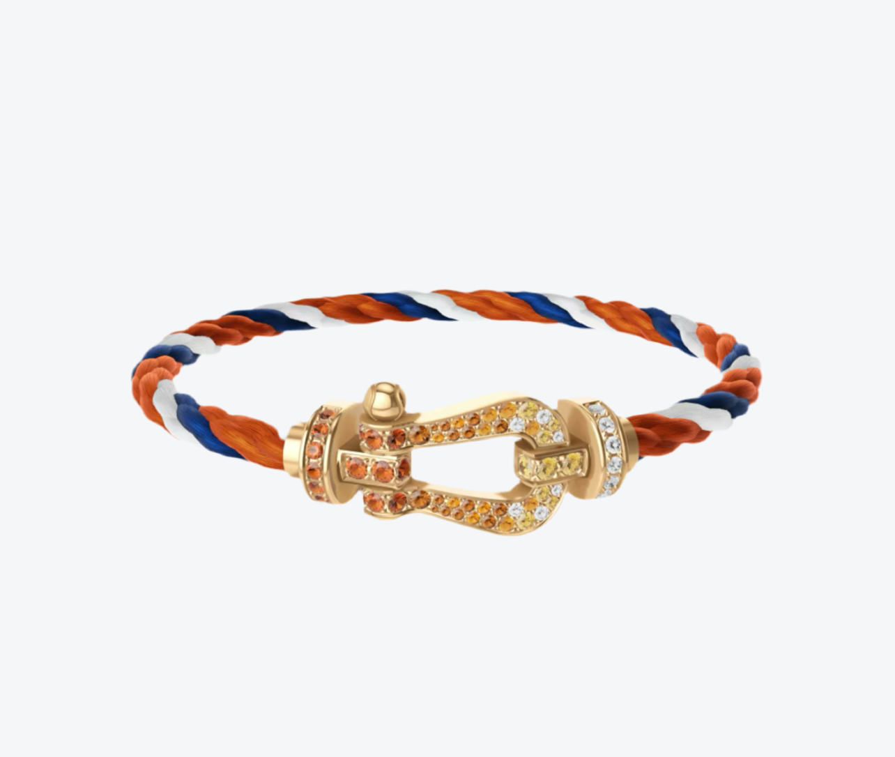 צמיד יוקרתי עם רצועת חבל בגוון כתום, לבן כחול עם אבזם בסגנון (RG) רולאן גארוס צבע זהב משובץ זירקונים נוצצים