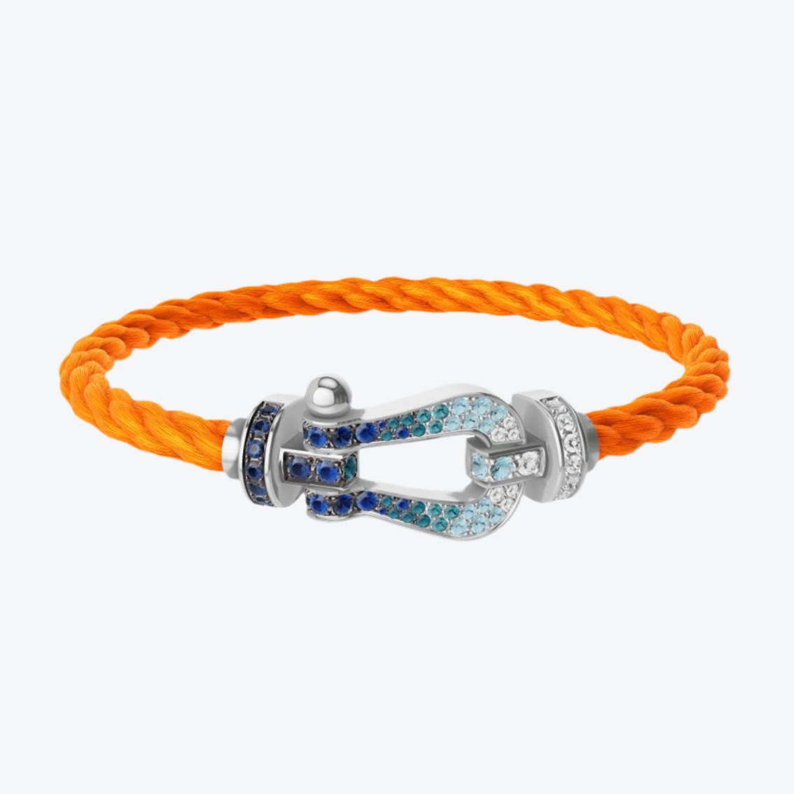 צמיד יוקרתי עם רצועת חבל כתומה ואבזם בגוון כסף משובץ בזירקונים