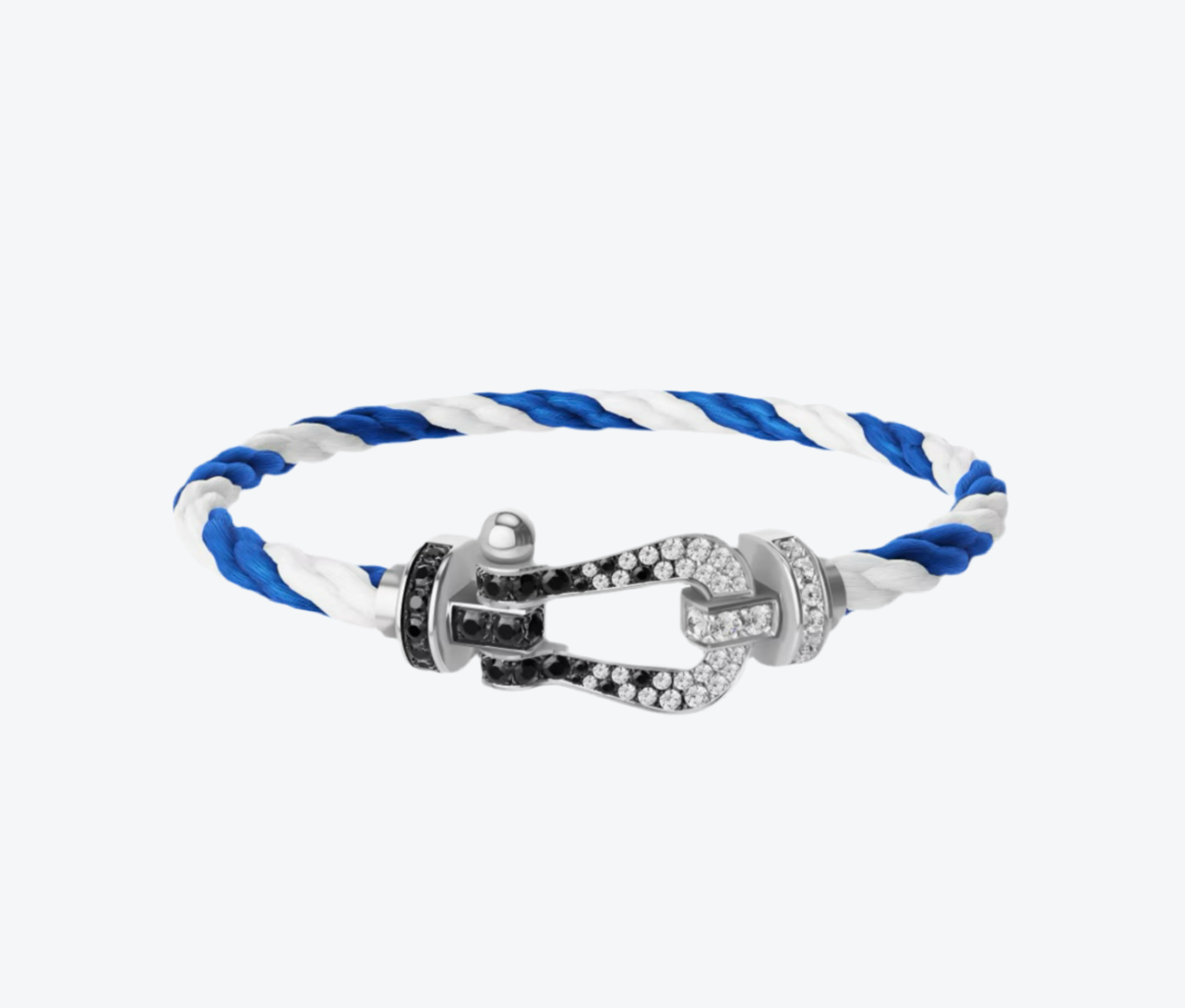 צמיד יוקרתי עם חבל בגוון של כחול ולבן אבזם בגוון כסף משובץ בזירקונים