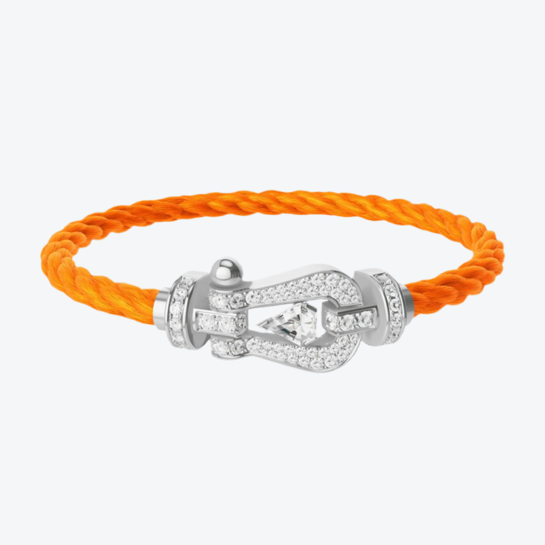 Bracelet luxueux avec une sangle en corde noire et une boucle couleur or rose sertie de zircons, avec une pierre centrale de 0,5 carat