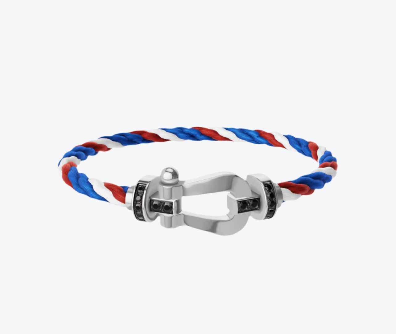 צמיד יוקרתי עם רצועת חבל בצבעי כחול, לבן ואדום ואבזם בגוון כסף משובץ חצי זירקונים שחורים