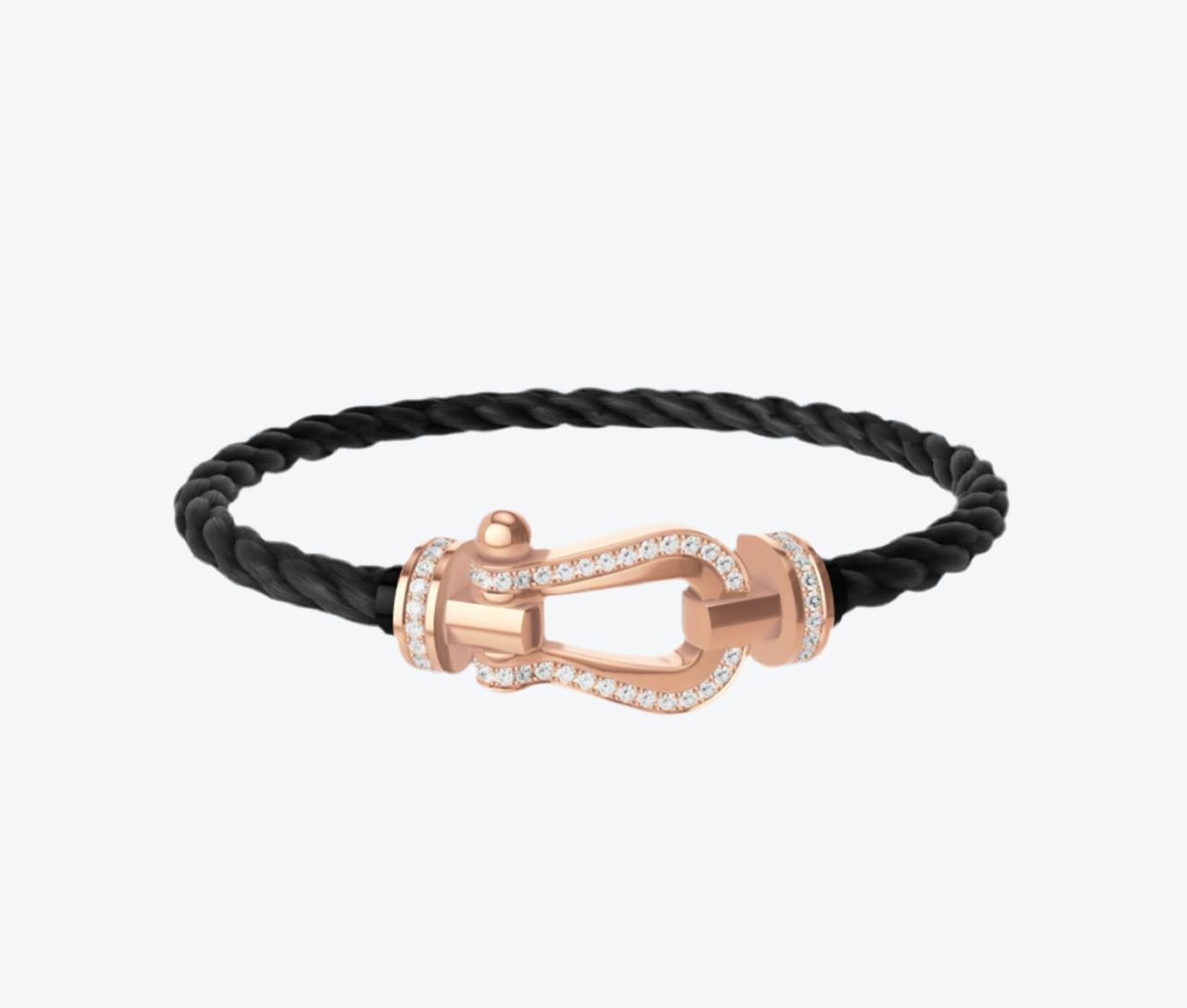 צמיד יוקרתי עם רצועת חבל שחורה ואבזם בגוון זהב ורוד משובץ בשורת זירקונים