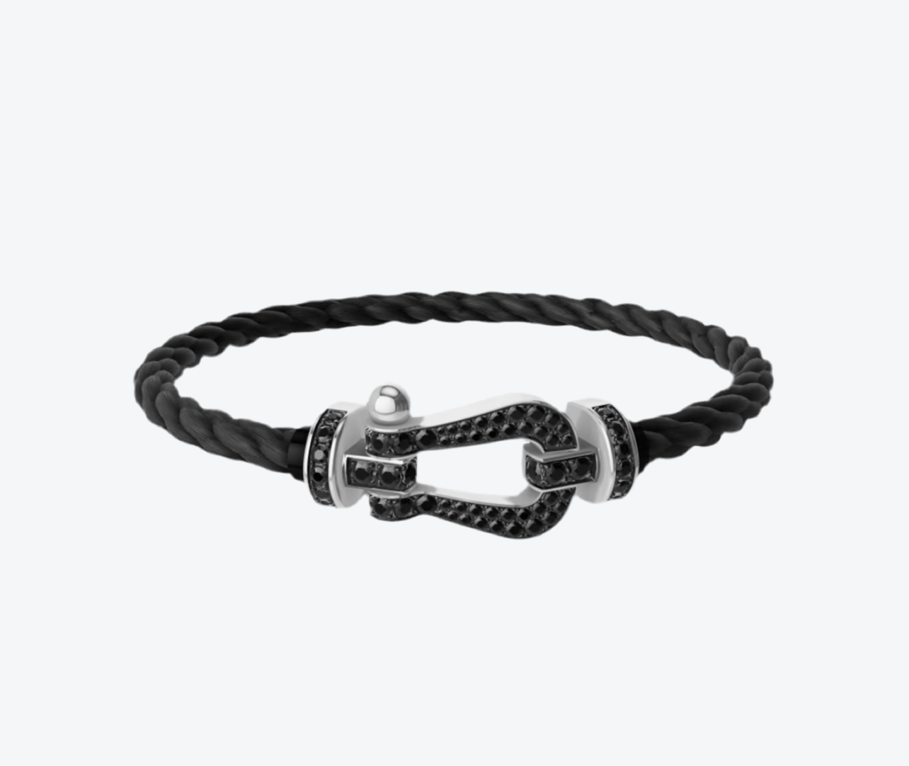 צמיד יוקרתי עם רצועת חבל שחורה ואבזם בגוון כסף משובץ בזירקונים שחורים