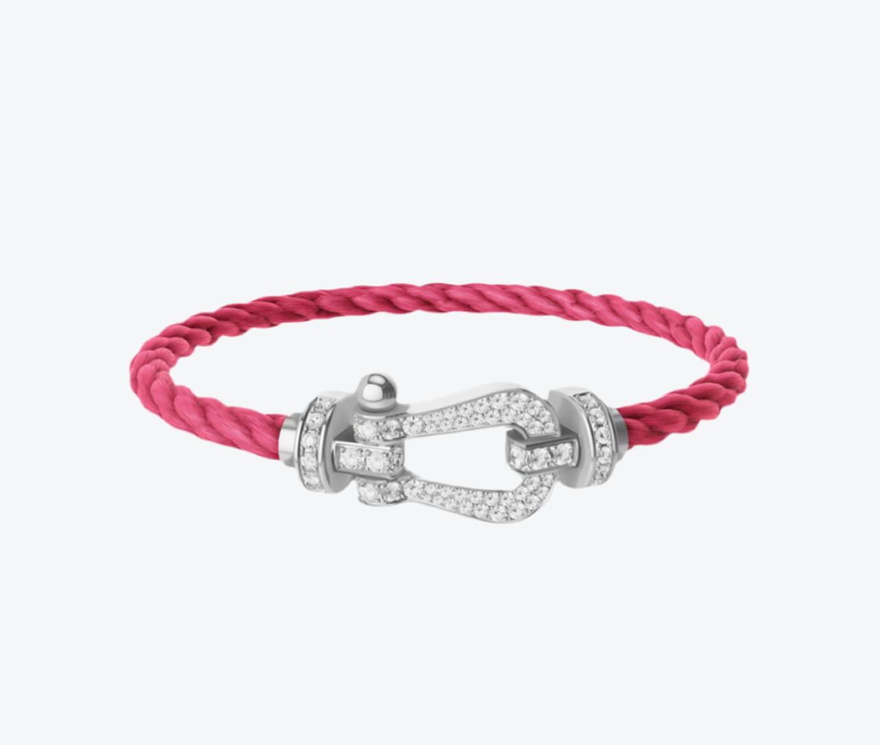 צמיד יוקרתי עם רצועת חבל ורודה ואבזם בגוון כסף משובץ בזירקונים נוצצים