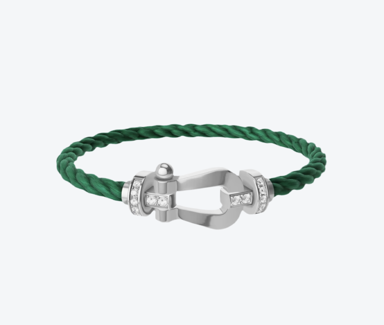 צמיד יוקרתי עם רצועת חבל ירוקה ואבזם בגוון כסף משובץ בזירקונים