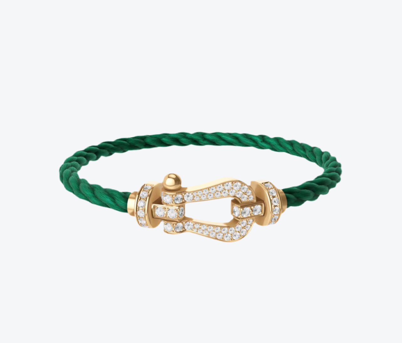 צמיד יוקרתי עם רצועת חבל ירוקה ואבזם בגוון זהב משובץ בזירקונים