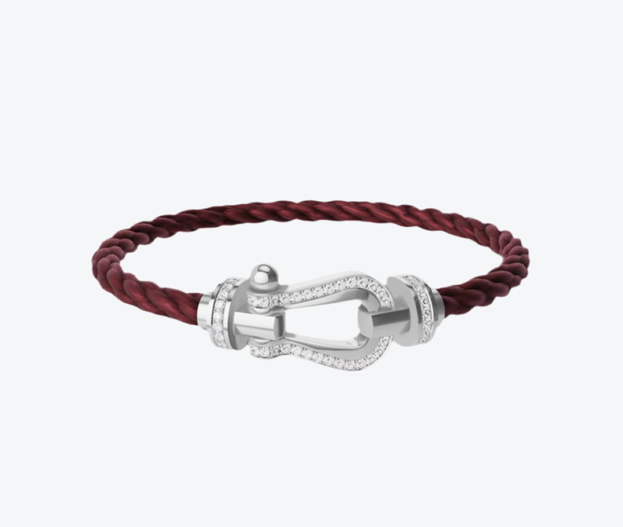 צמיד יוקרתי עם רצועת חבל בורדו ואבזם בגוון כסף משובץ בשורת זירקונים