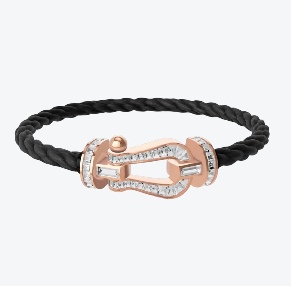 Bracelet de luxe avec un cordon noir et un fermoir rose doré incrusté de cristaux étincelants — JEWELLUXE™