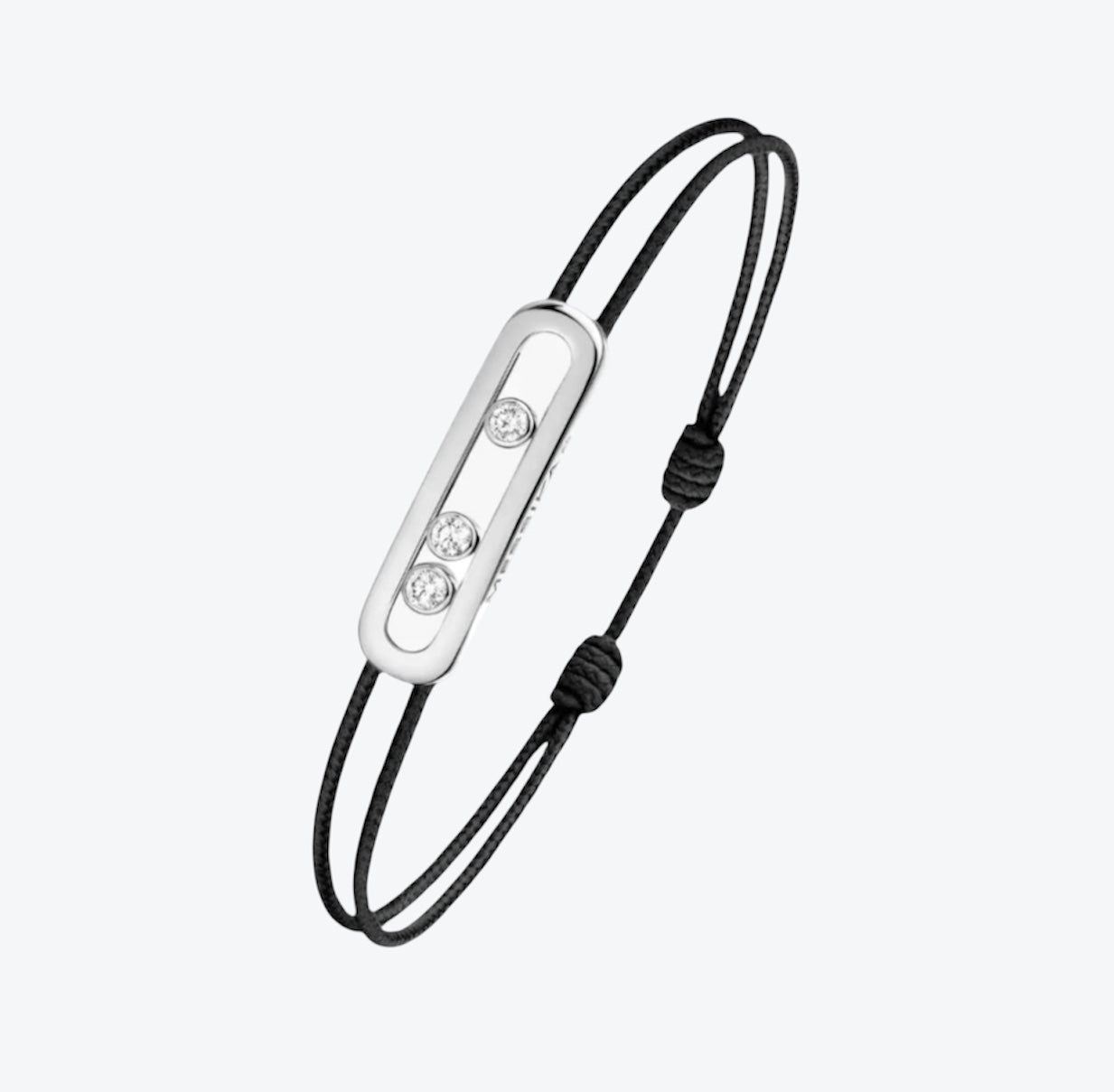 צמיד אהבה – חוט שחור עם אבזם בגוון כסף, 3 זירקונים נעים