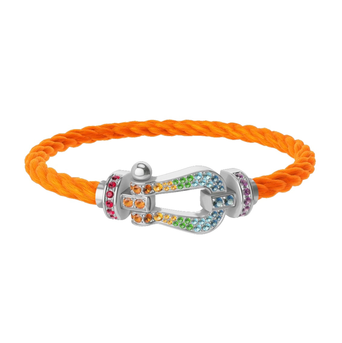 Bracelet luxueux avec des lanières en corde orange et une boucle en argent parsemée de zircons colorés