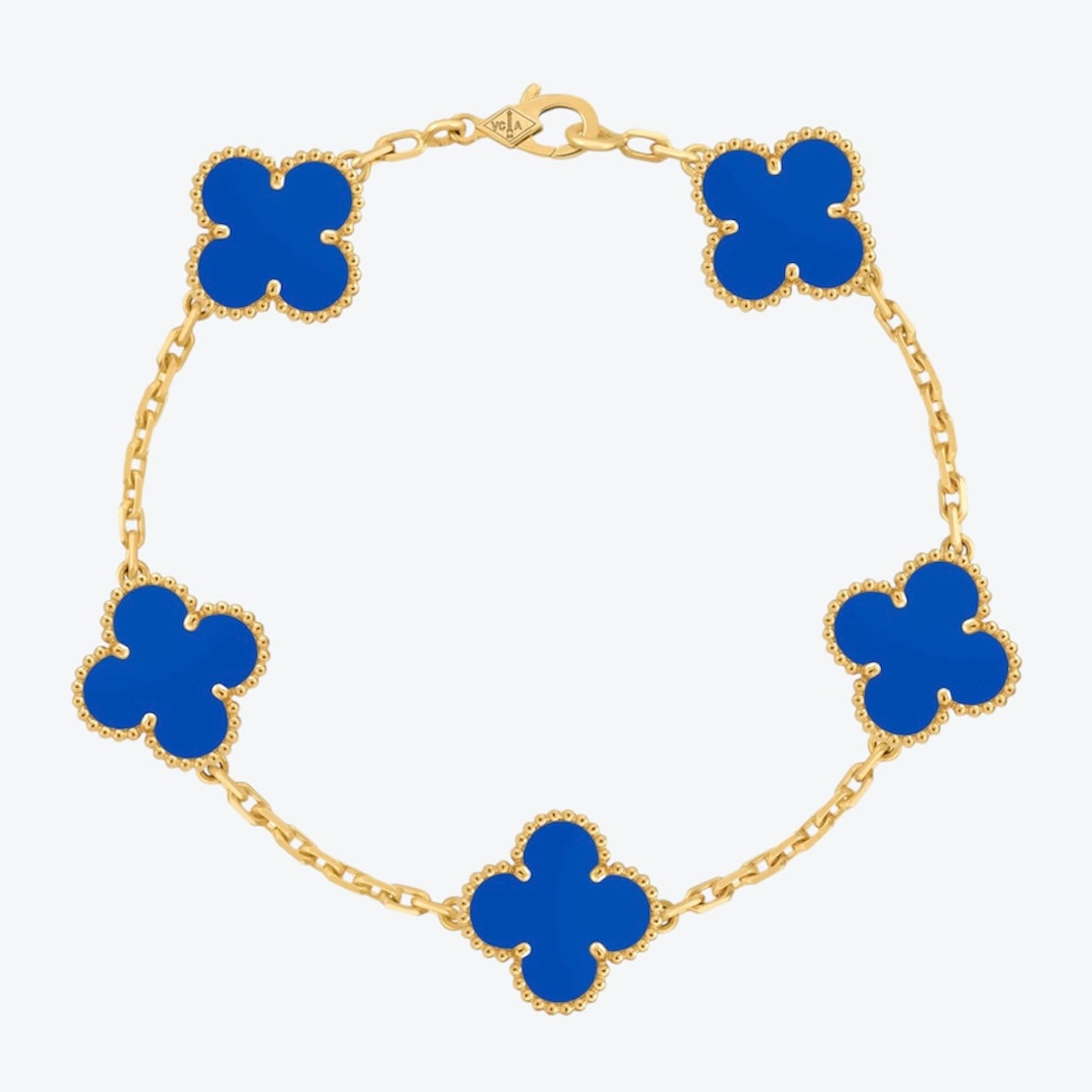 צמיד תלתן בגוון זהב עם 5 תלתנים בגוון כחול