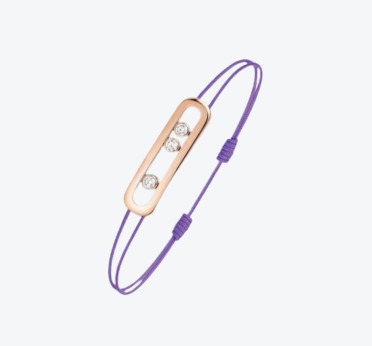 צמיד אהבה – חוט בגוון סגול עם אבזם בגוון זהב ורוד, 3 זירקונים נעים