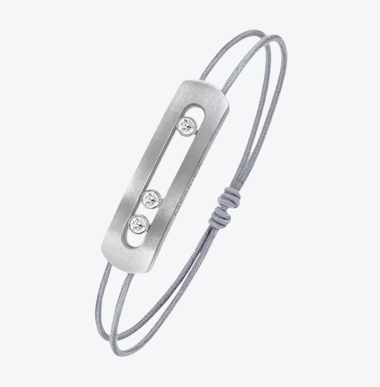 צמיד אהבה – חוט אפור עם אבזם בגוון כסף, 3 זירקונים נעים