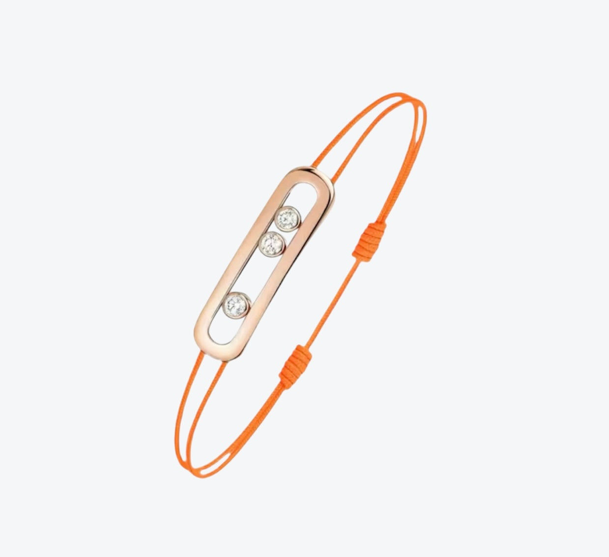 צמיד אהבה – חוט בגוון כתום עם אבזם בגוון זהב ורוד, 3 זירקונים נעים