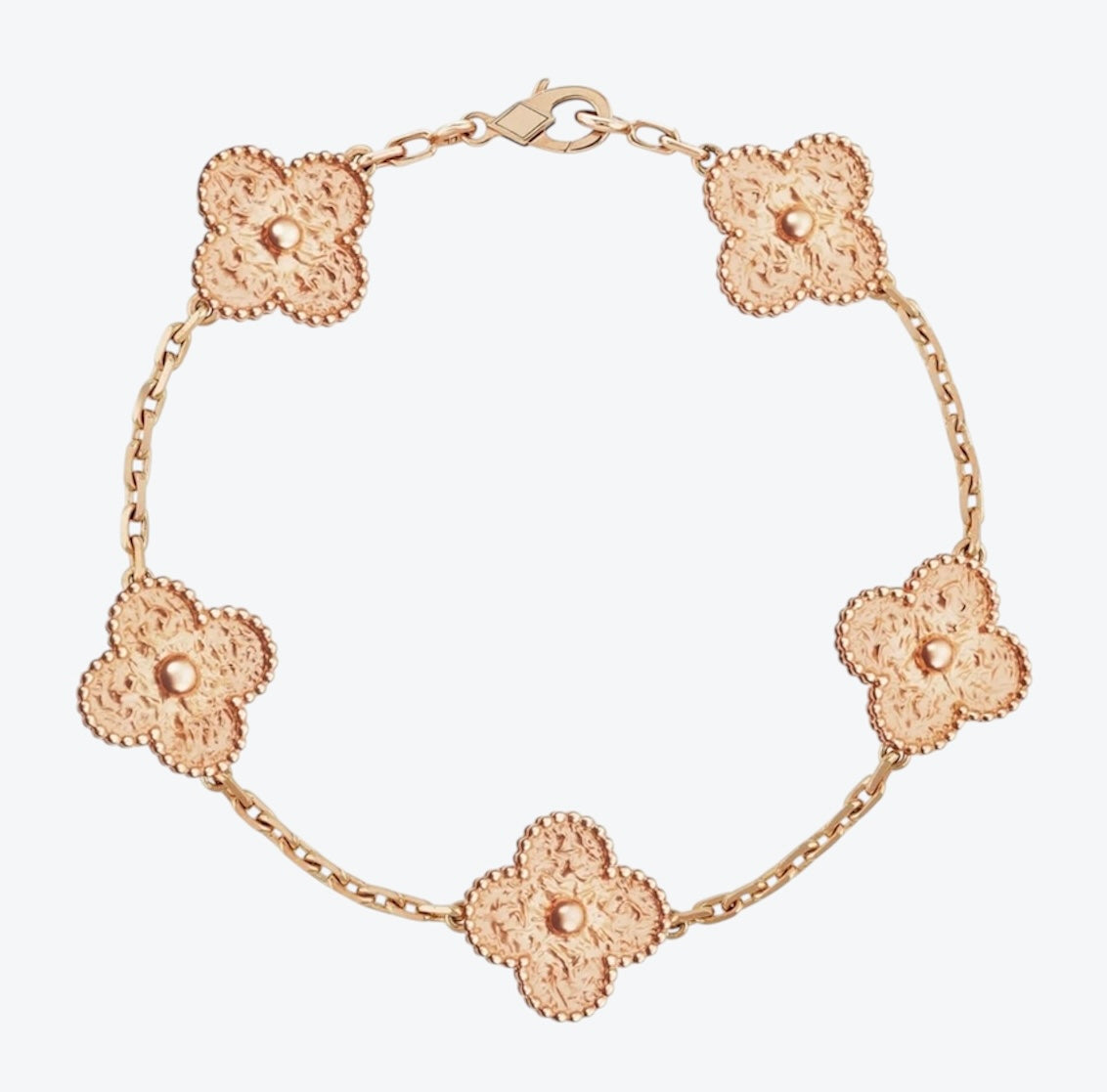 Rose gold clover bracelet with 5 shiny rose gold clovers — JEWELLUXE™