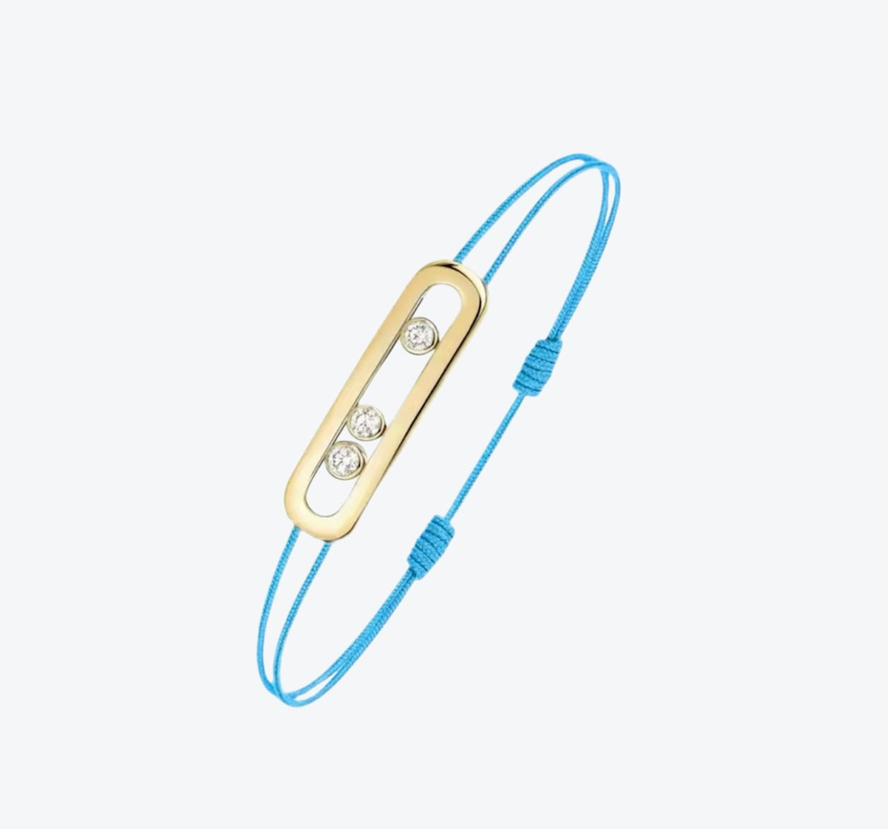 צמיד אהבה – חוט בגוון תכלת עם אבזם בגוון זהב, 3 זירקונים נעים