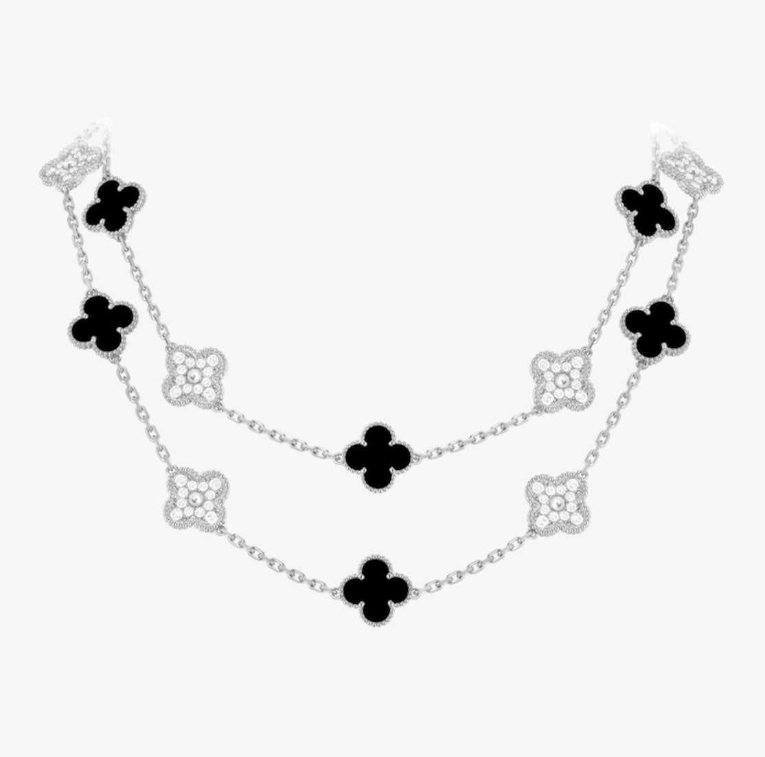 שרשרת 20 תלתנים צבע כסוף עם תליון תלתן שחור משובץ זירקונים נוצצים