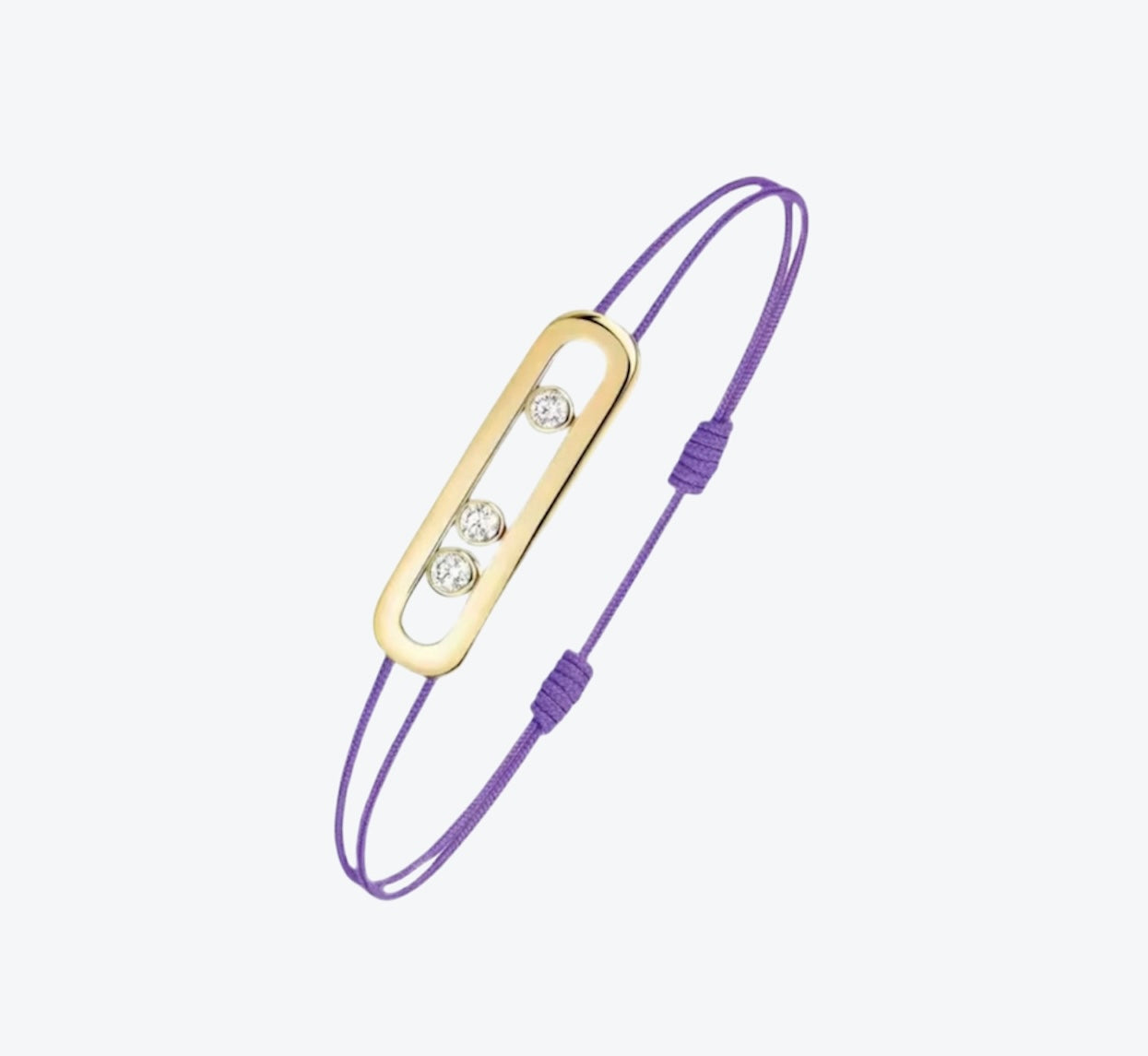 צמיד אהבה – חוט בגוון סגול עם אבזם בגוון זהב, 3 זירקונים נעים