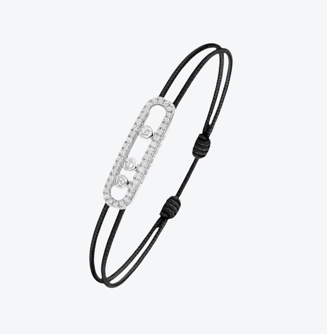 צמיד אהבה – חוט שחור עם אבזם בגוון כסף, 3 זירקונים נעים ומשובץ זירקונים מסביב