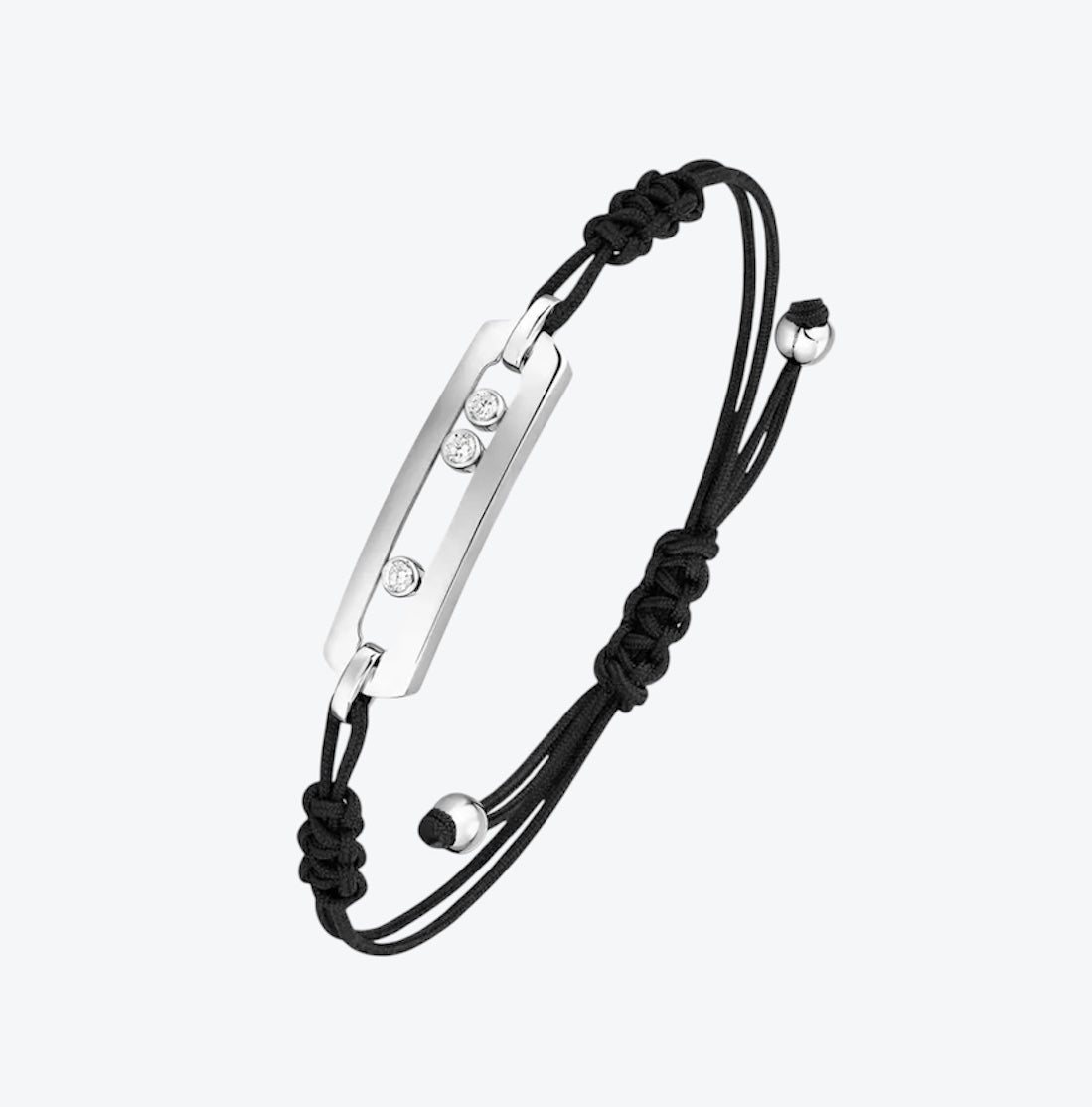 צמיד אהבה – חוט בגוון שחור עם אבזם בגוון כסף, 3 זירקונים נעים