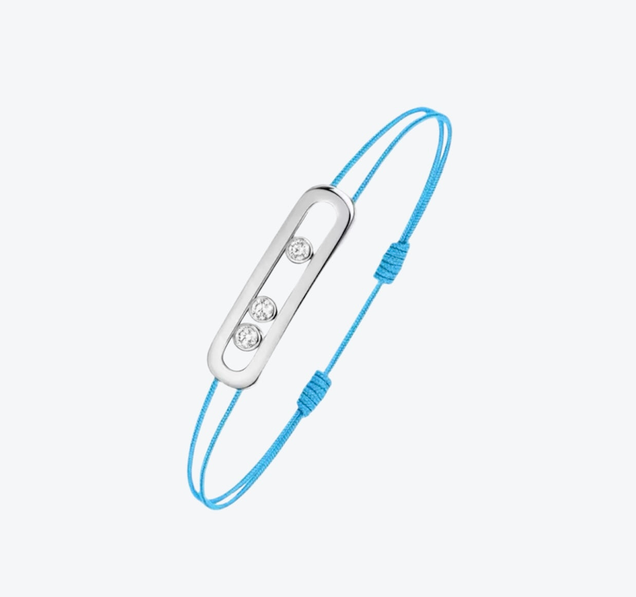 צמיד אהבה – חוט בגוון תכלת אלגנטי עם אבזם בגוון כסף, 3 זירקונים נעים