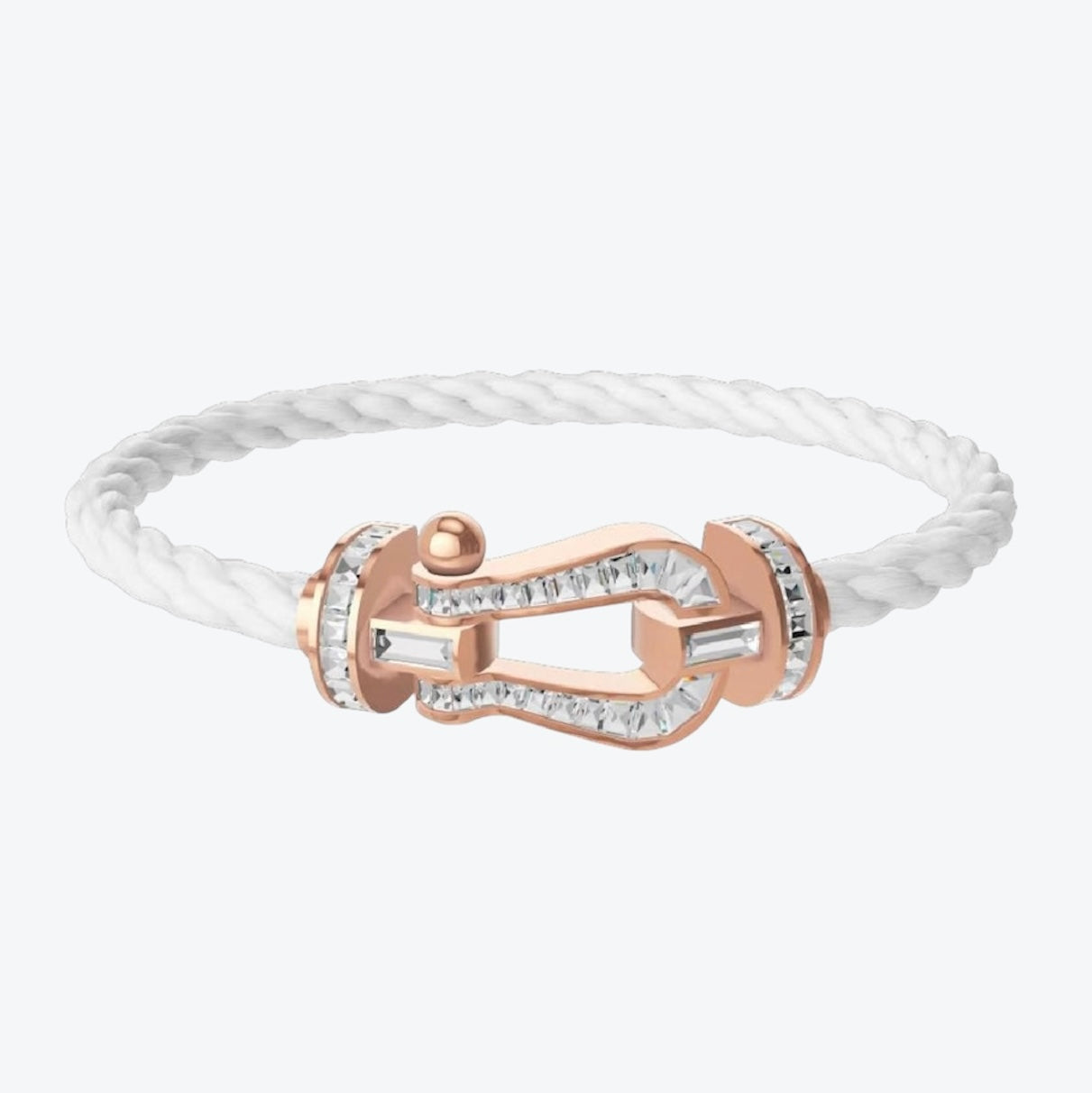 Bracelet luxueux avec une sangle en corde blanche et une boucle couleur or rose parsemée de cristaux étincelants