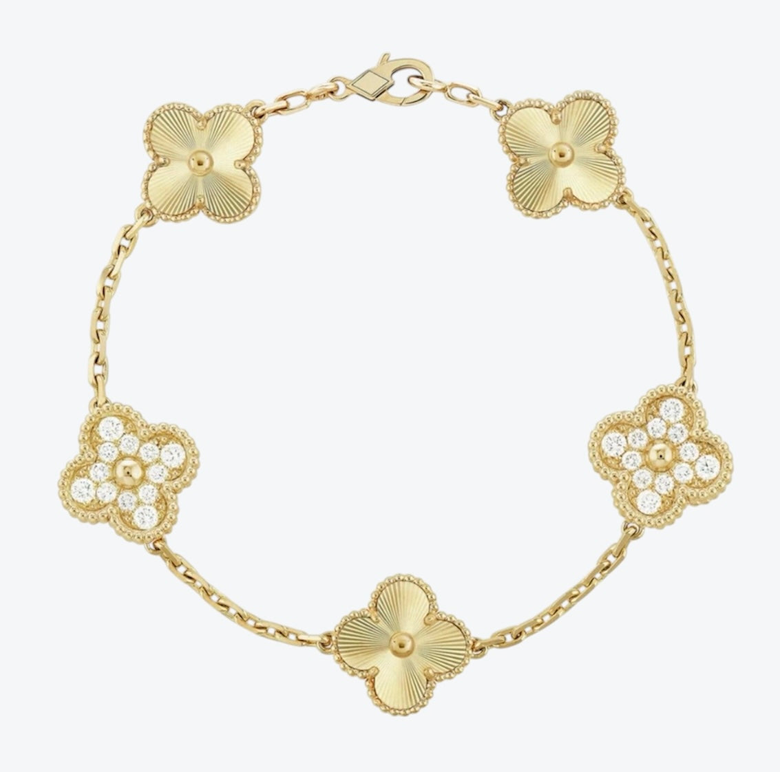 Bracelet trèfle doré avec 5 trèfles dorés incrustés de zircons scintillants — JEWELLUXE™