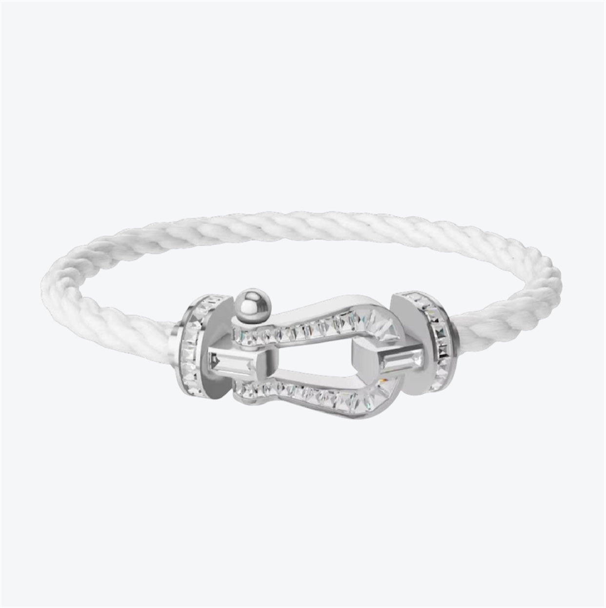 Luxurious bracelet with a white rope strap and a silver buckle studded with sparkling crystals